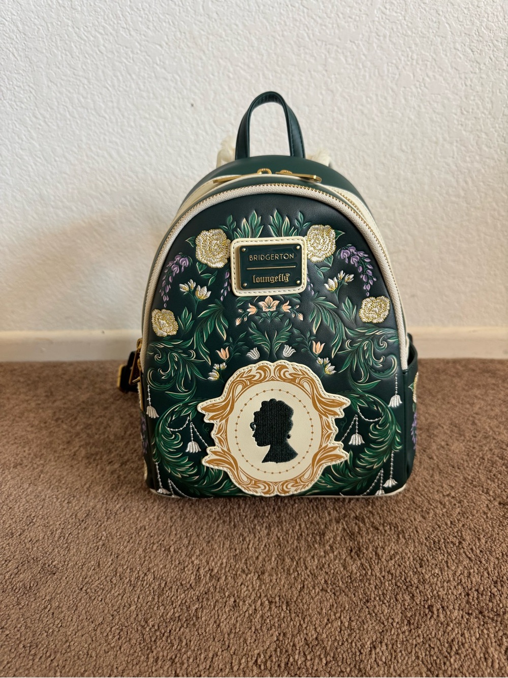 Loungefly Green Floral Bridgerton Mini Backpack with Gold Accents